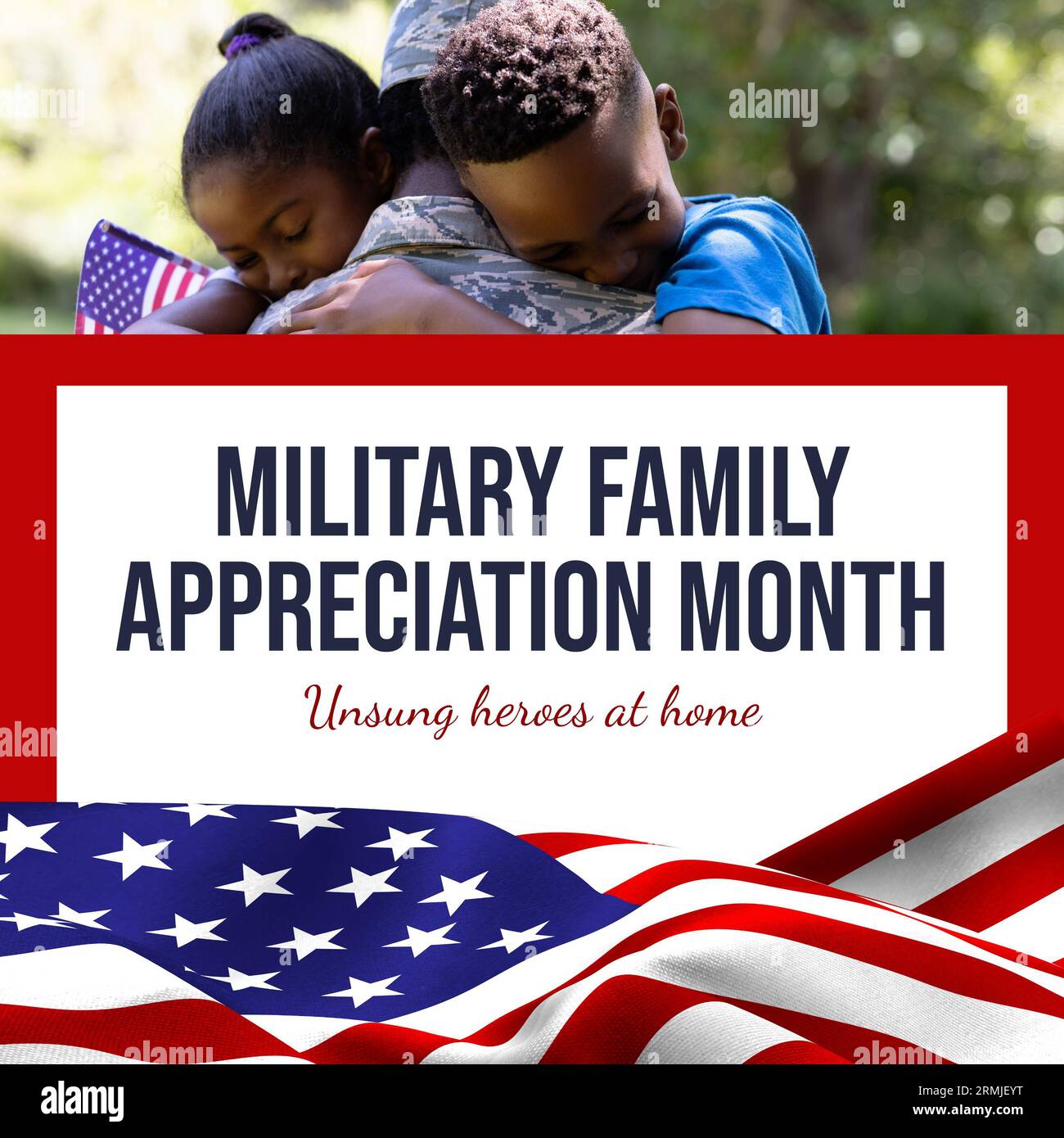 Military family appreciation month text and african american children hugging soldier father Stock Photo