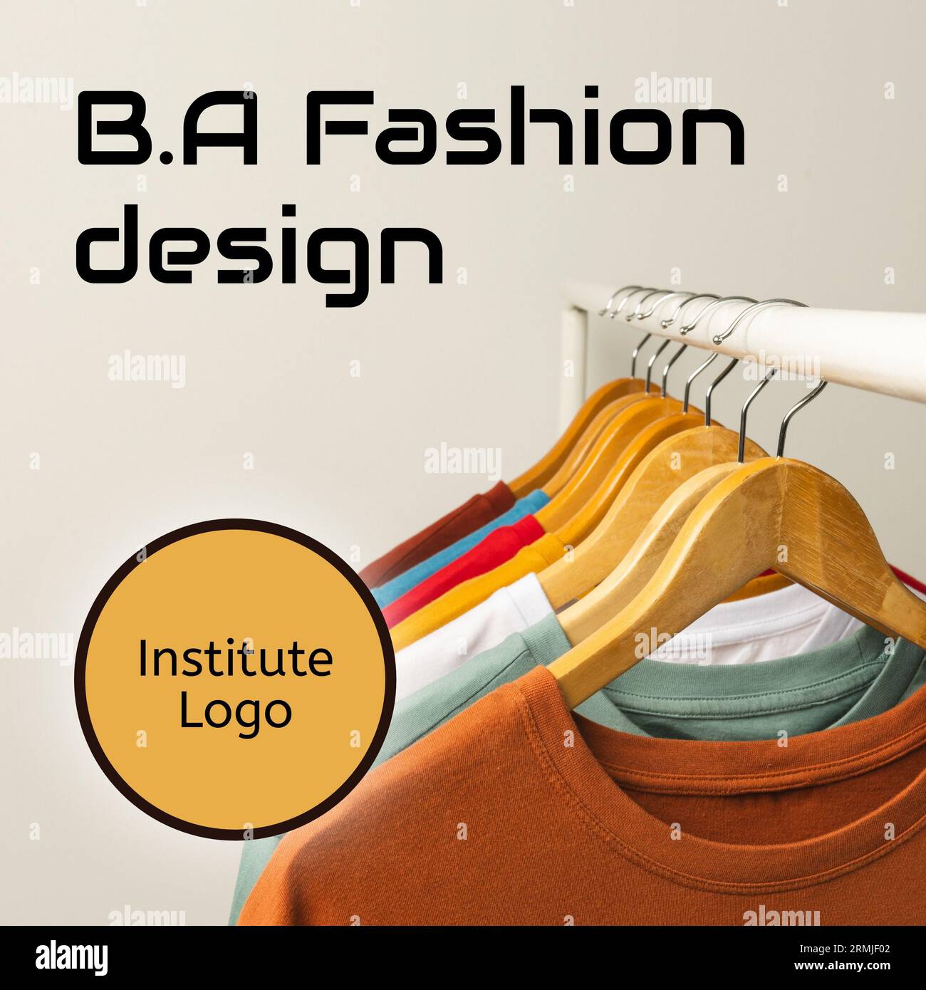 Composite of ba fashion design and institute logo text over t-shirts on hangers hanging on rack Stock Photo