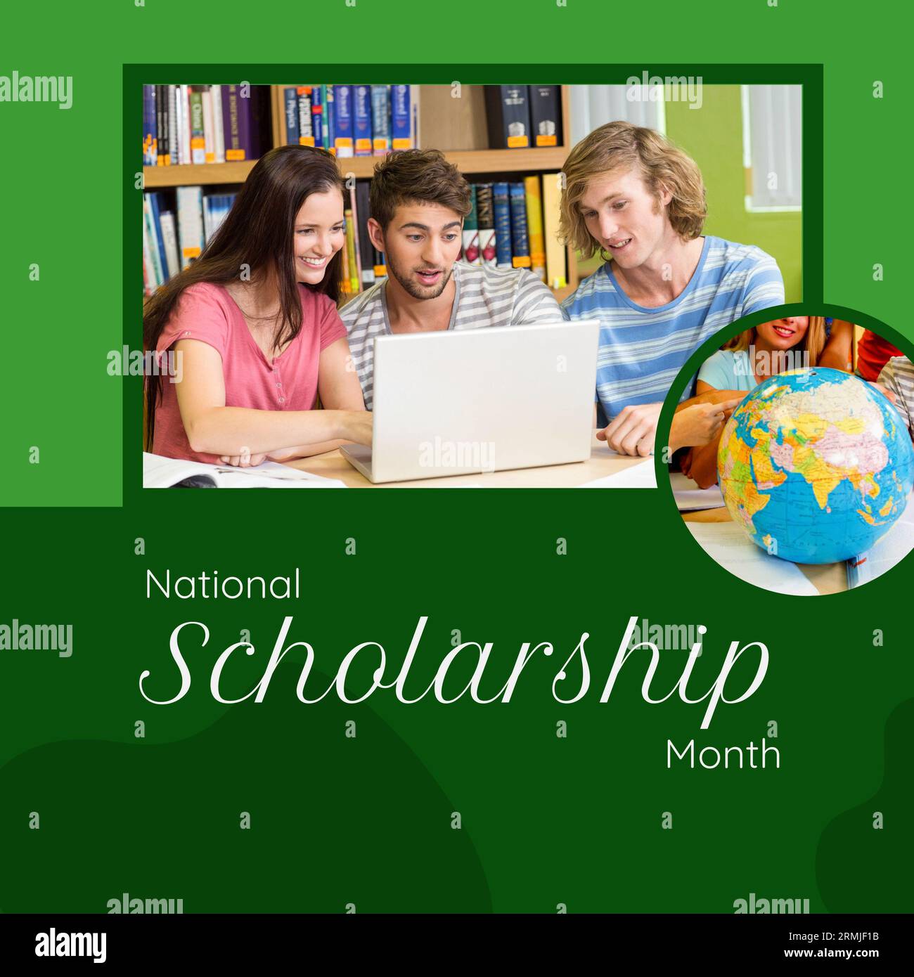 Composite of caucasian students discussing over laptop in library, national scholarship month text Stock Photo