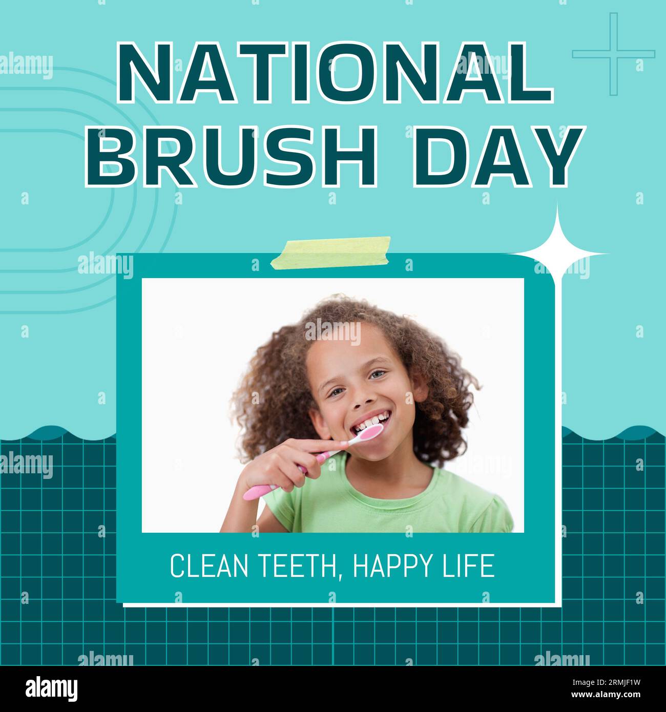 Composite of biracial girl brushing teeth and national brush day, clean teeth, happy life text Stock Photo