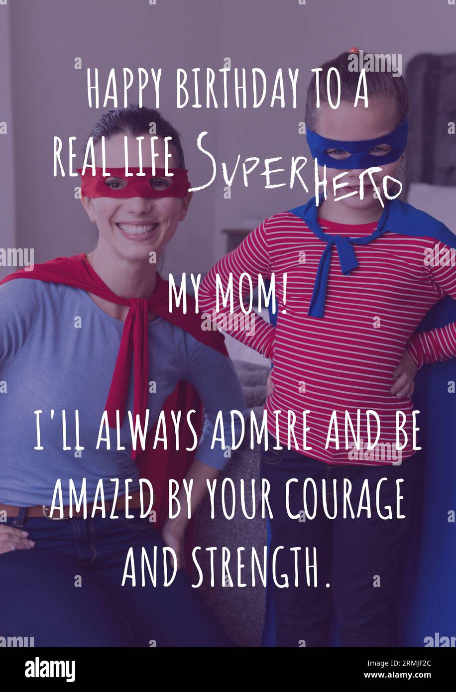 Happy birthday to a real life superhero my mom, caucasian mother and daughter in superhero costumes Stock Photo