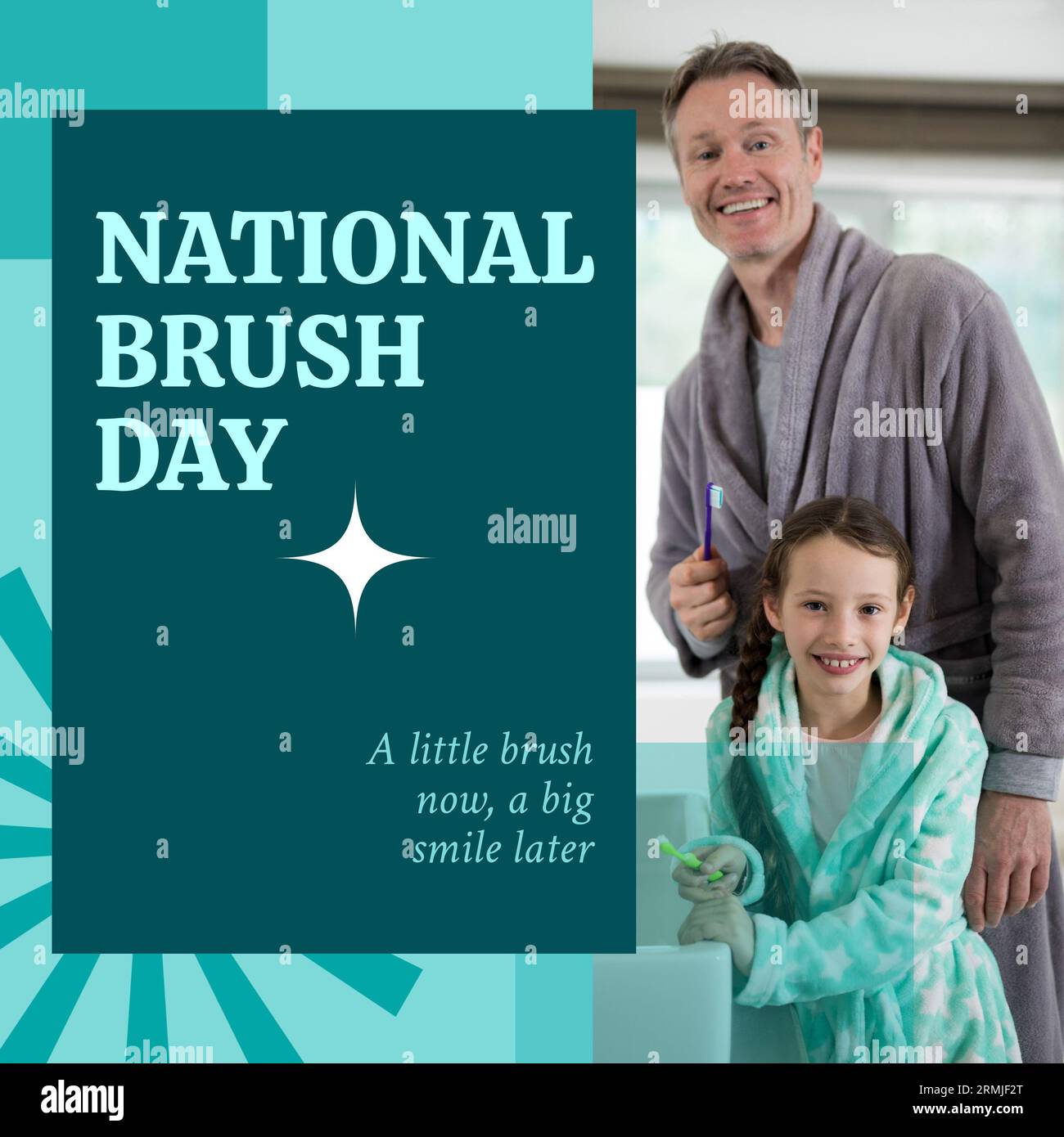 Composite of caucasian father and daughter holding toothbrushes and national brush day text Stock Photo