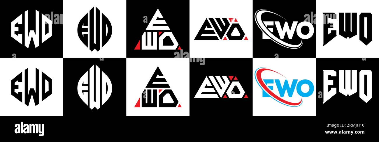 EWO letter logo design in six style. EWO polygon, circle, triangle, hexagon, flat and simple style with black and white color variation letter logo se Stock Vector