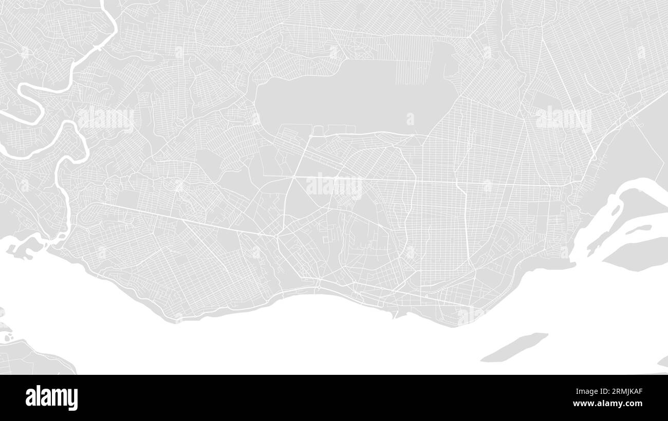 White and light grey Brazzaville city area, Republic of the Congo, vector background map, roads and water illustration. Widescreen proportion, digital Stock Vector