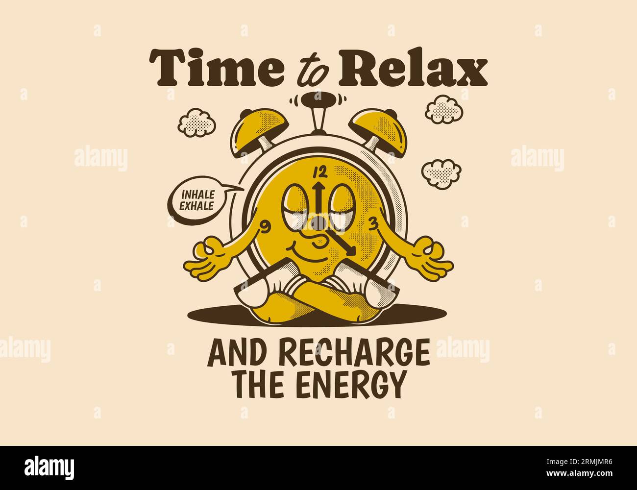 Time to relax and recharge energy, alarm clock mascot character in