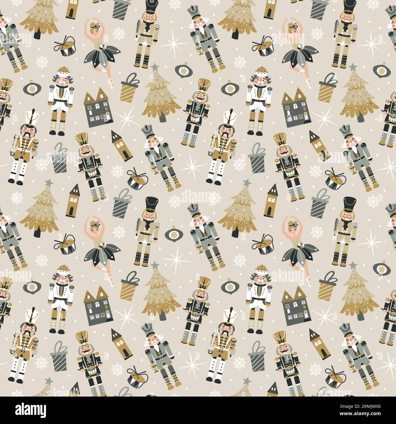 Seamless Christmas Pattern with Nutcrackers ballerina in Vector on beige. Stock Vector