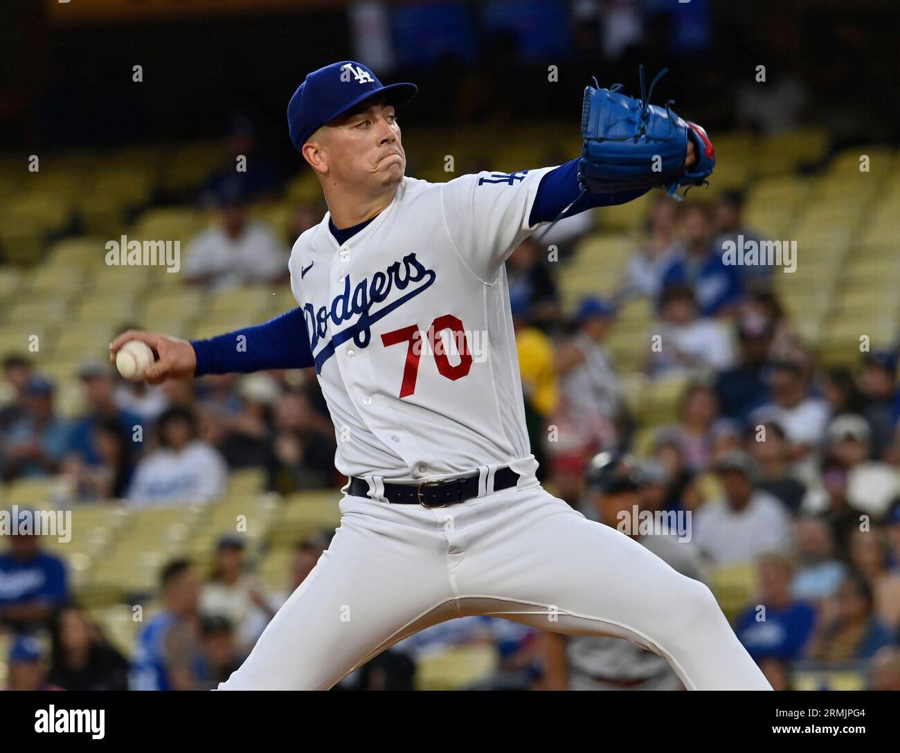 Los Angeles, United States. 28th Aug, 2023. Los Angeles Dodgers starting pitcher Bobby Miller winds ip to deliver against the Los Angeles Dodgers during the fourth inning at Dodger Stadium in Los Angeles on Monday, August 28, 2023. Photo by Jim Ruymen/UPI Credit: UPI/Alamy Live News Stock Photo