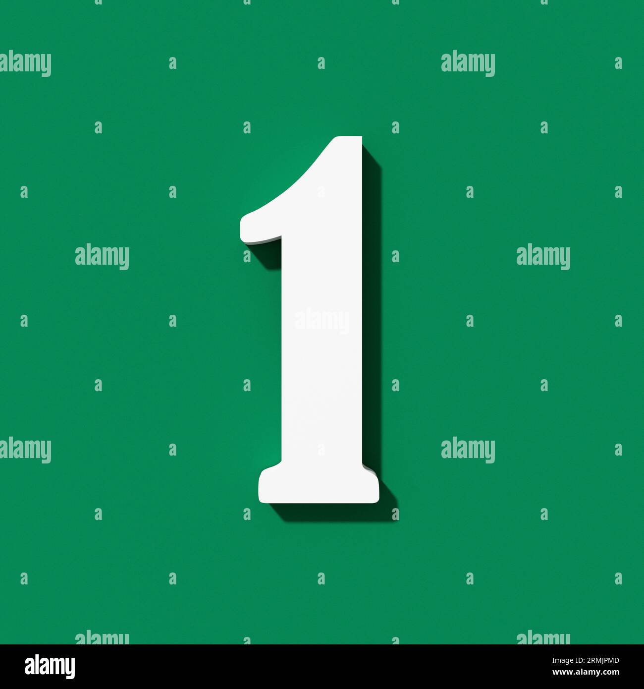 White number one 1 on green background. Top view. 3D render Stock Photo