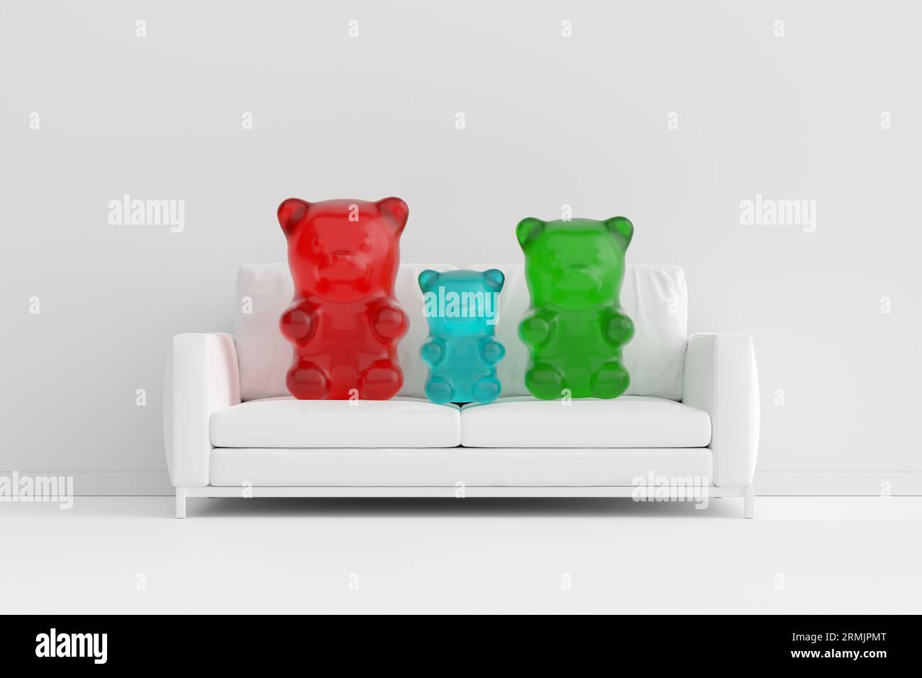 Family, marriage and relationship concept. Mother, father and child gummy bears sitting on a white couch. Abstract 3D render. Stock Photo