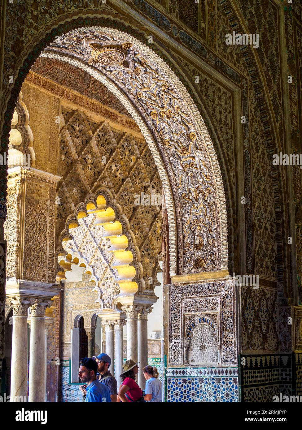Entrance arch to the Patio de las Doncellas (Maidens Courtyard). Alcazar of Seville, Andalusia, Spain. Stock Photo