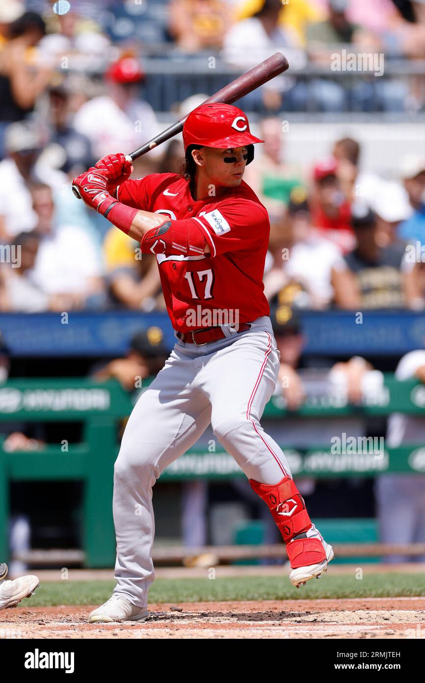 PITTSBURGH, PA - AUGUST 13: Cincinnati Reds right fielder Will Benson (30)  bats during an MLB game against the Pittsburgh Pirates on August 13, 2023  at PNC Park in Pittsburgh, Pennsylvania. (Photo