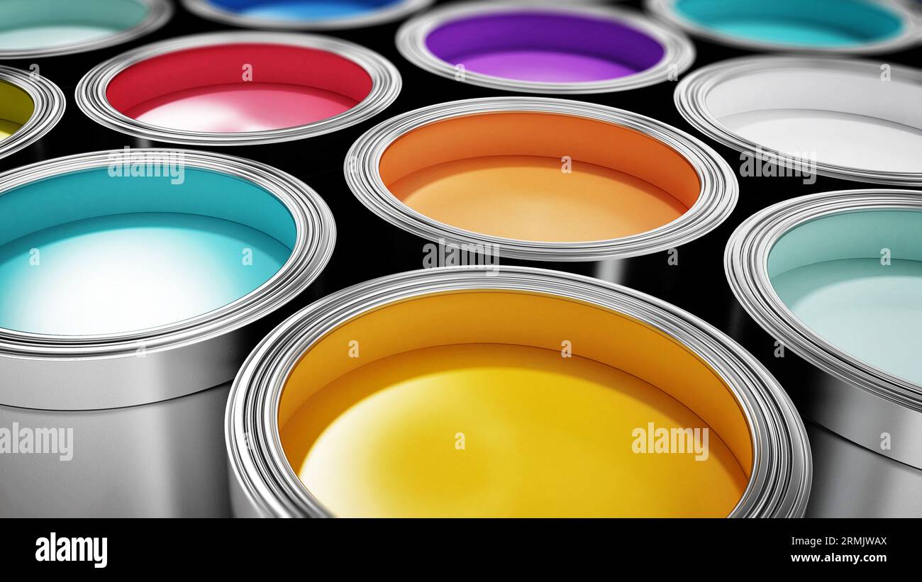 Group of metal paint cans with vibrant colors. 3D illustration Stock ...