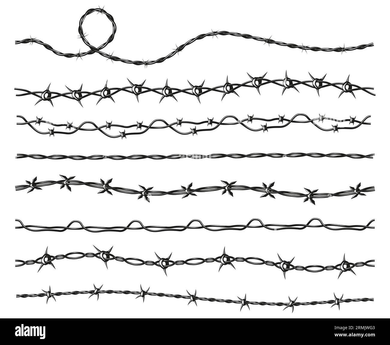 Barb wire. Security boundary fence with barbed wire, prison protect line and confinement, danger warning sign. Vector illustration. Dangerous military construction defense with metal border Stock Vector