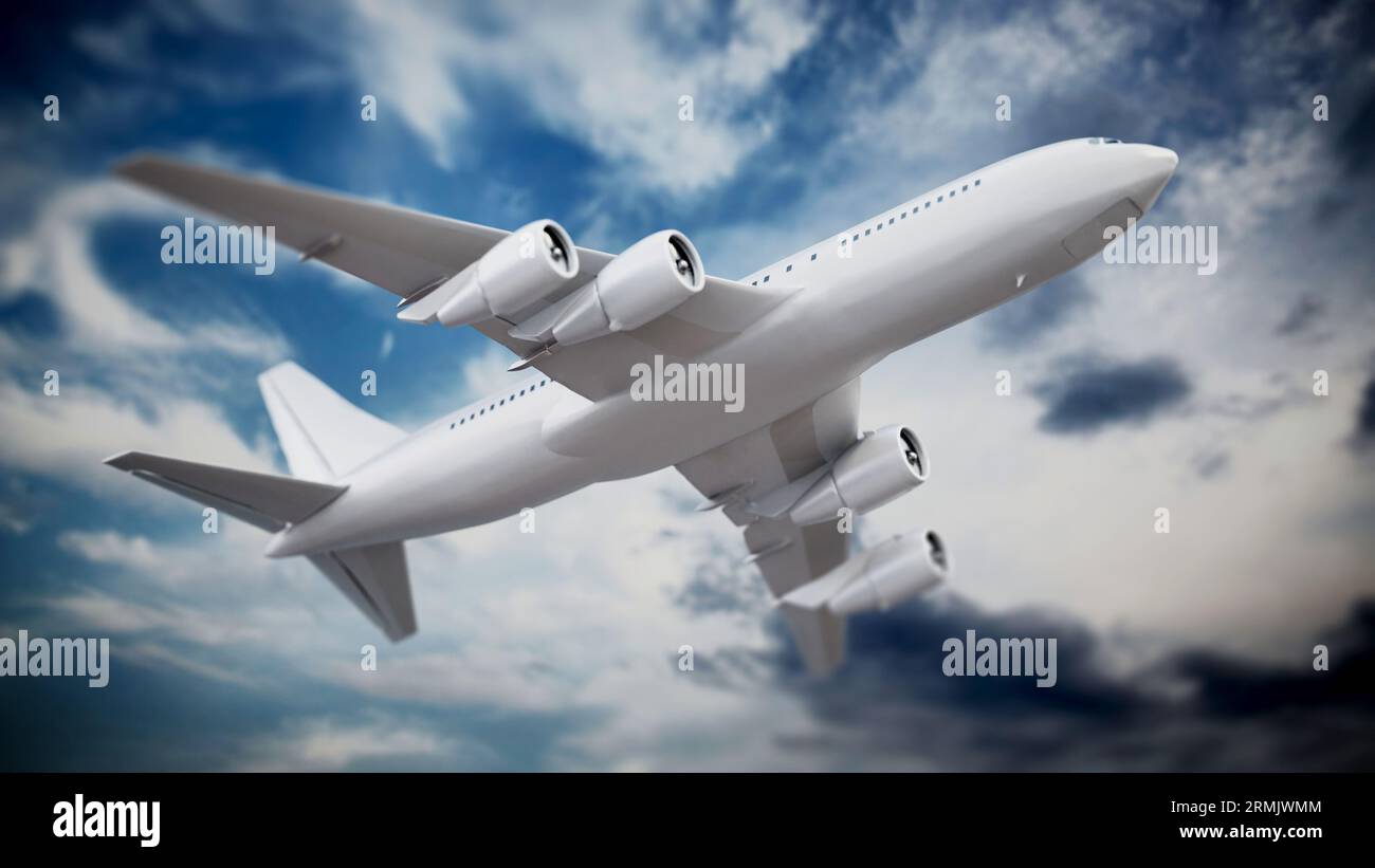 Airplane in the cloudy sky. 3D illustration Stock Photo - Alamy