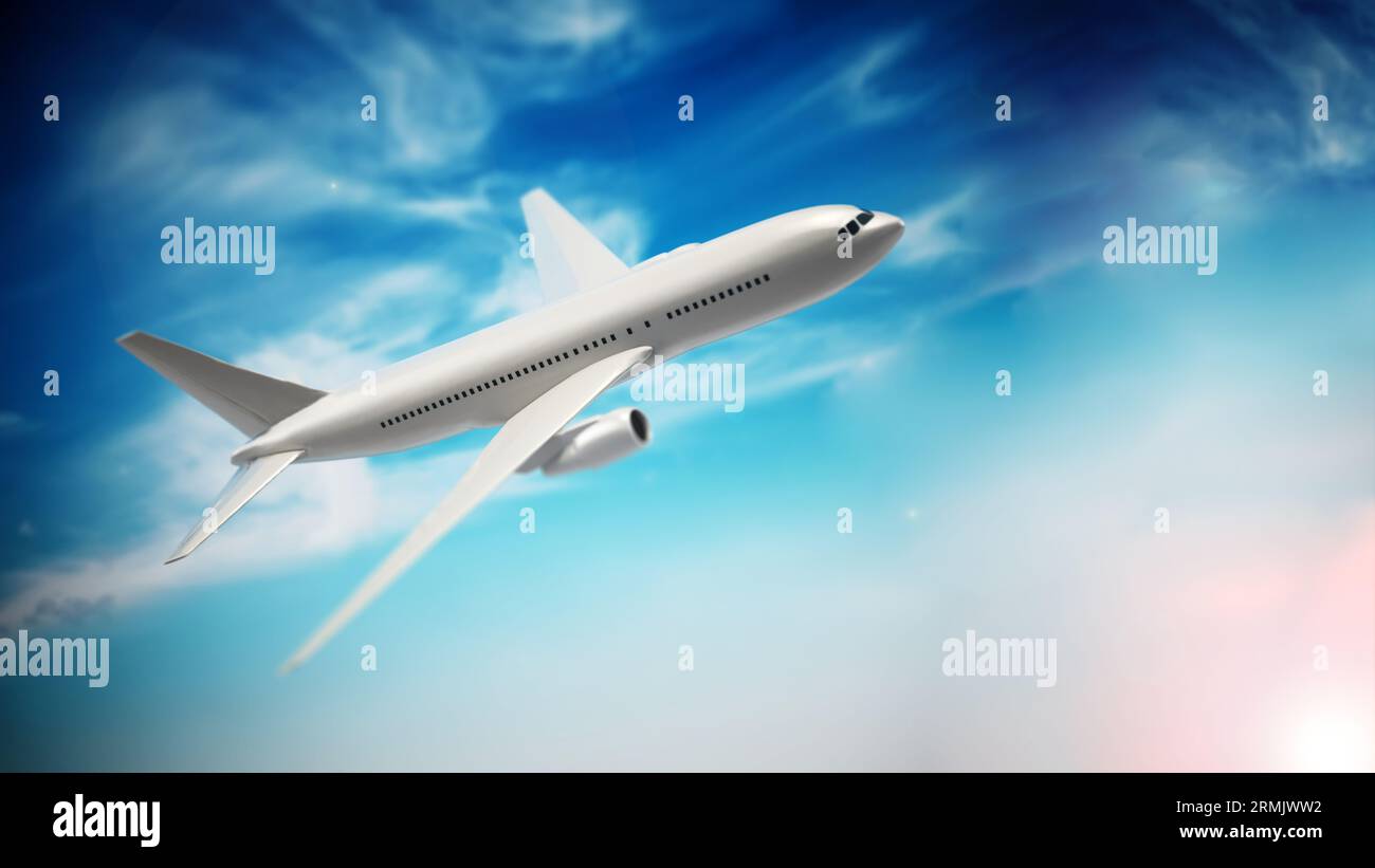 Airplane in the cloudy sky. 3D illustration Stock Photo - Alamy