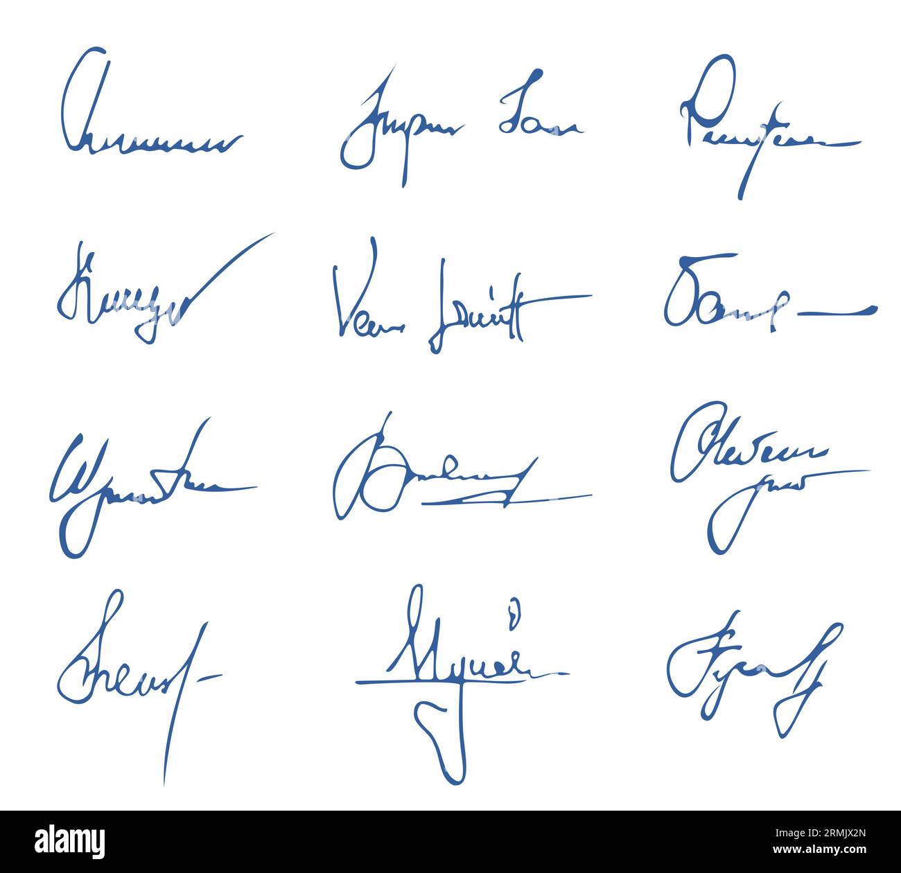 Autographs collection. Doodle handwritten letters, sketchy signatures and certificates signs, variety of hand drawn symbols. Vector set. Elegant blue ink name writing for business agreement Stock Vector