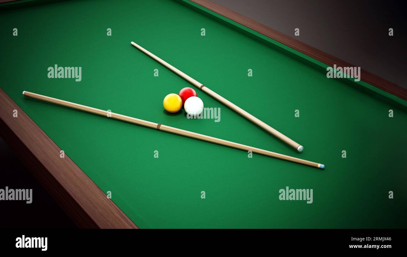 Billiards table, balls and cue. 3D illustration Stock Photo Alamy