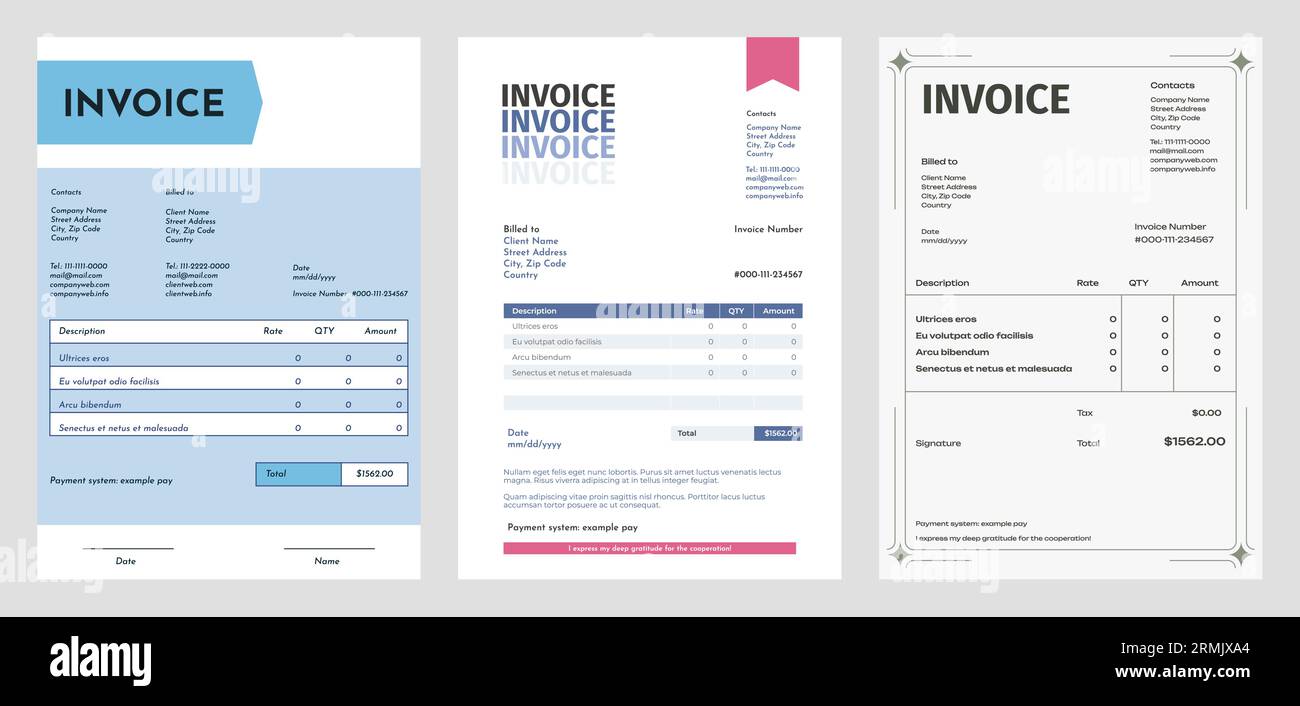 Invoice layout. Accounting table with price and money form, business expense template with customer form. Vector budget receipt. Financial document page with total price, date and signature Stock Vector