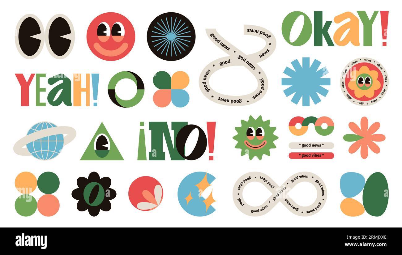 Groovy label shapes. Doodle abstract stickers with funny hippie symbols ...
