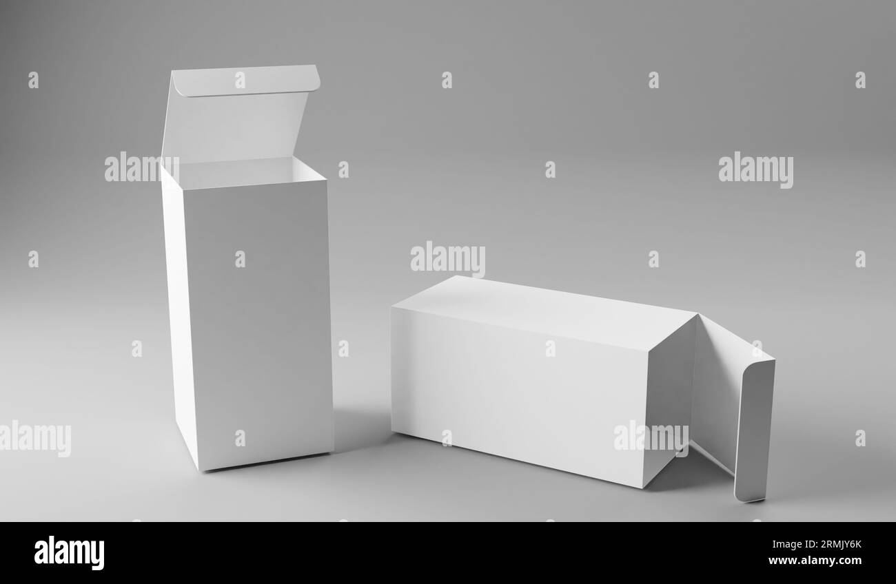 Blank white box mockup, 3D rendering isolated on gray background Stock