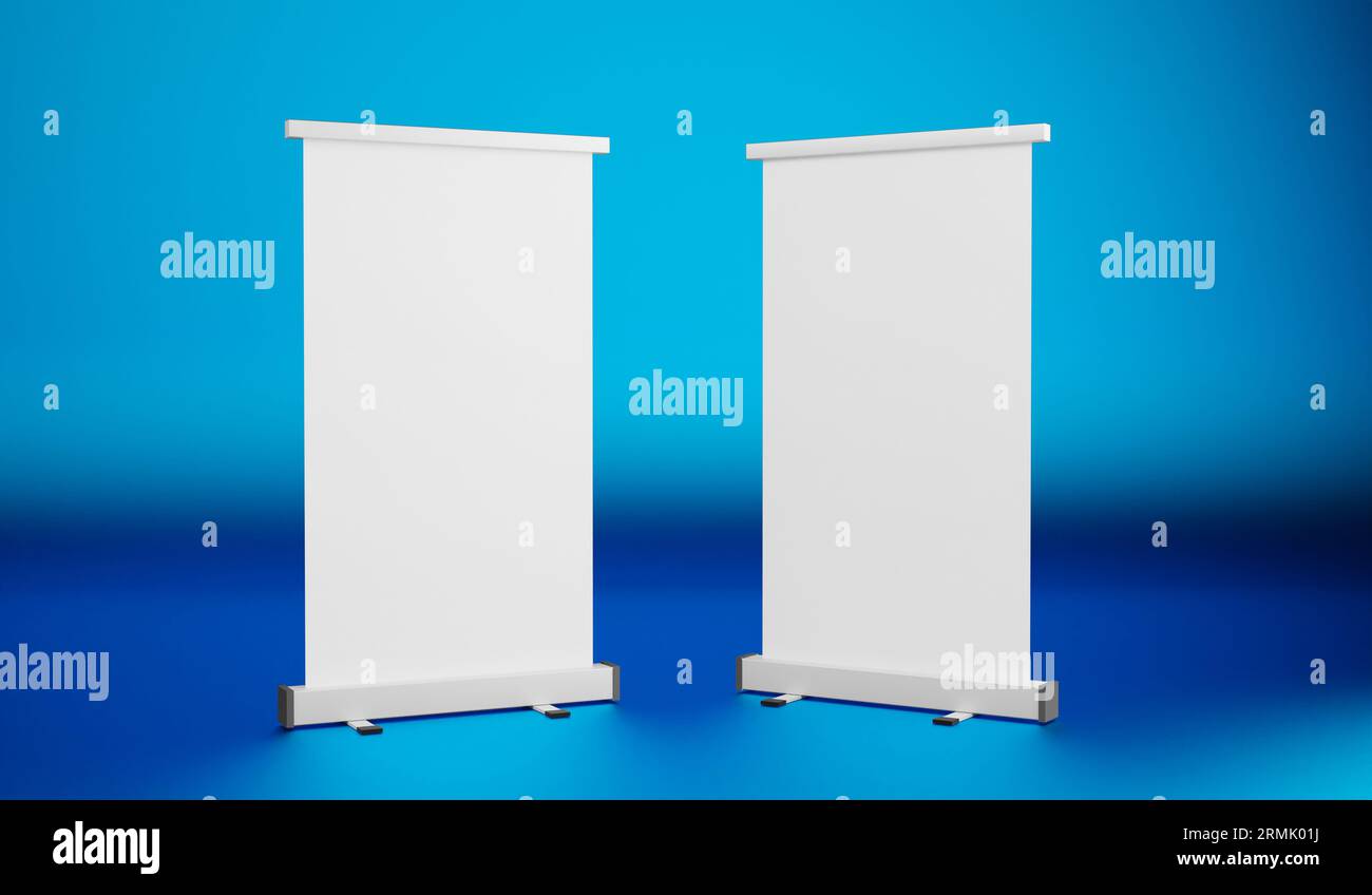 Blank roll up banner stand on blue background. 3d render Stock Photo