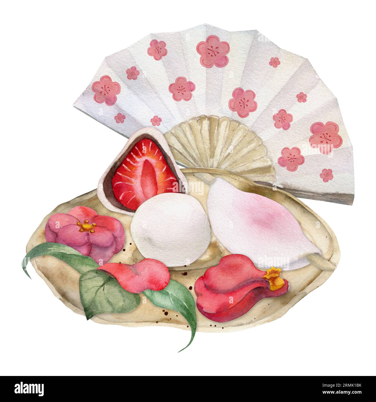 Watercolor hand drawn traditional Japanese sweets. Ceramic dish