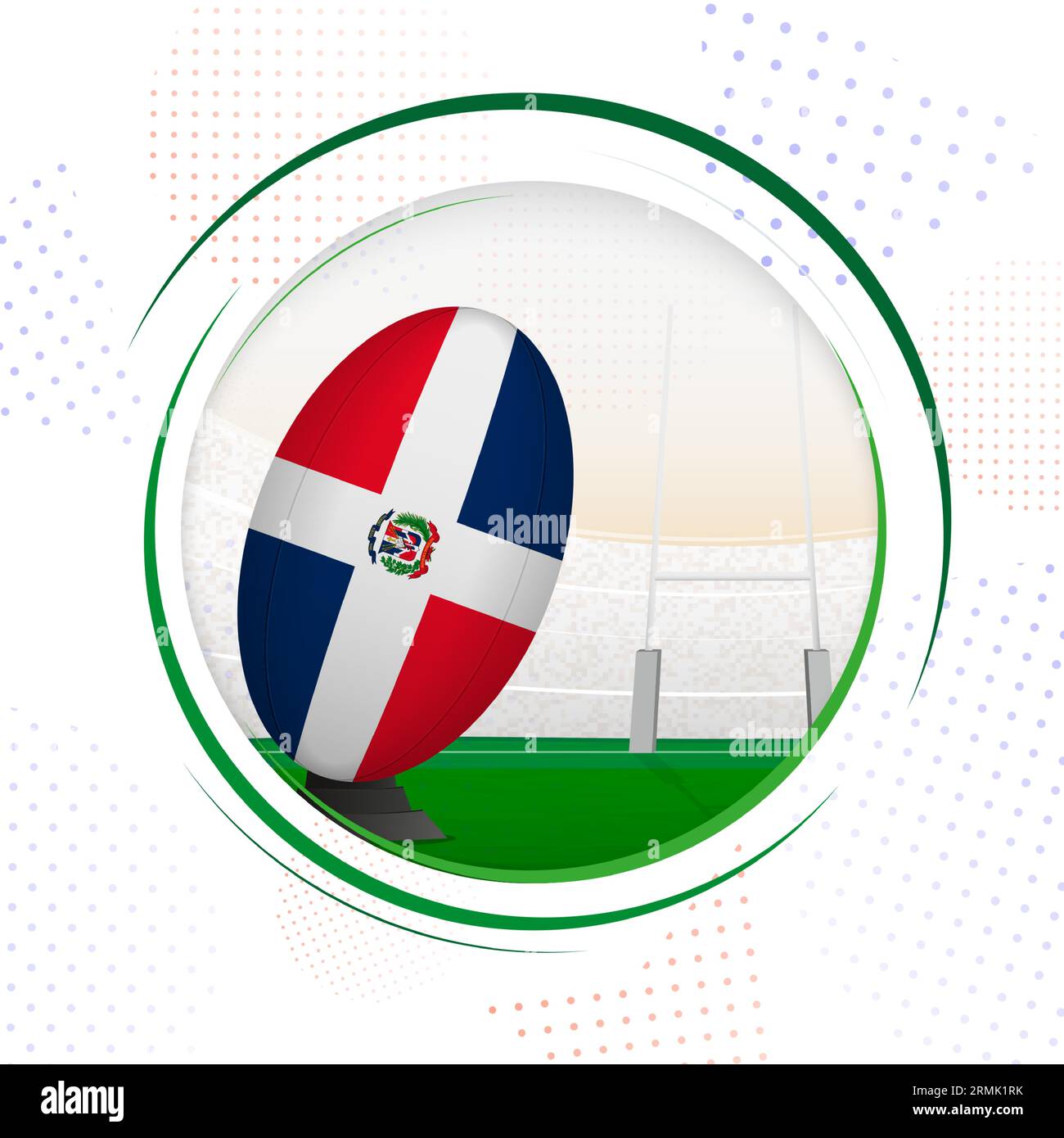 Flag of Dominican Republic on rugby ball. Round rugby icon with flag of