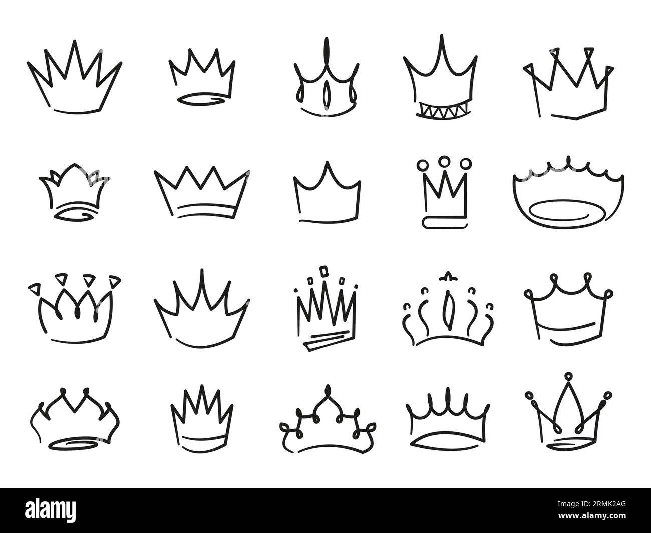 Doodle crowns. Medieval royal crowns with inscriptions and calligraphy, hand drawn luxury jewel monarch icons for logo design. Vector set of medieval queen royal illustration Stock Vector