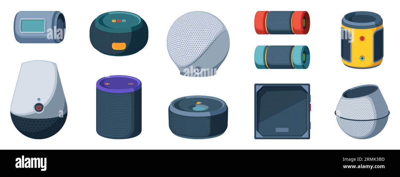Wireless speakers. Outdoor smart phone and tablet accessories with voice  recognition and streaming music, AI technology cartoon flat style. Vector  isolated set of audio portable speaker illustration Stock Vector Image &  Art -
