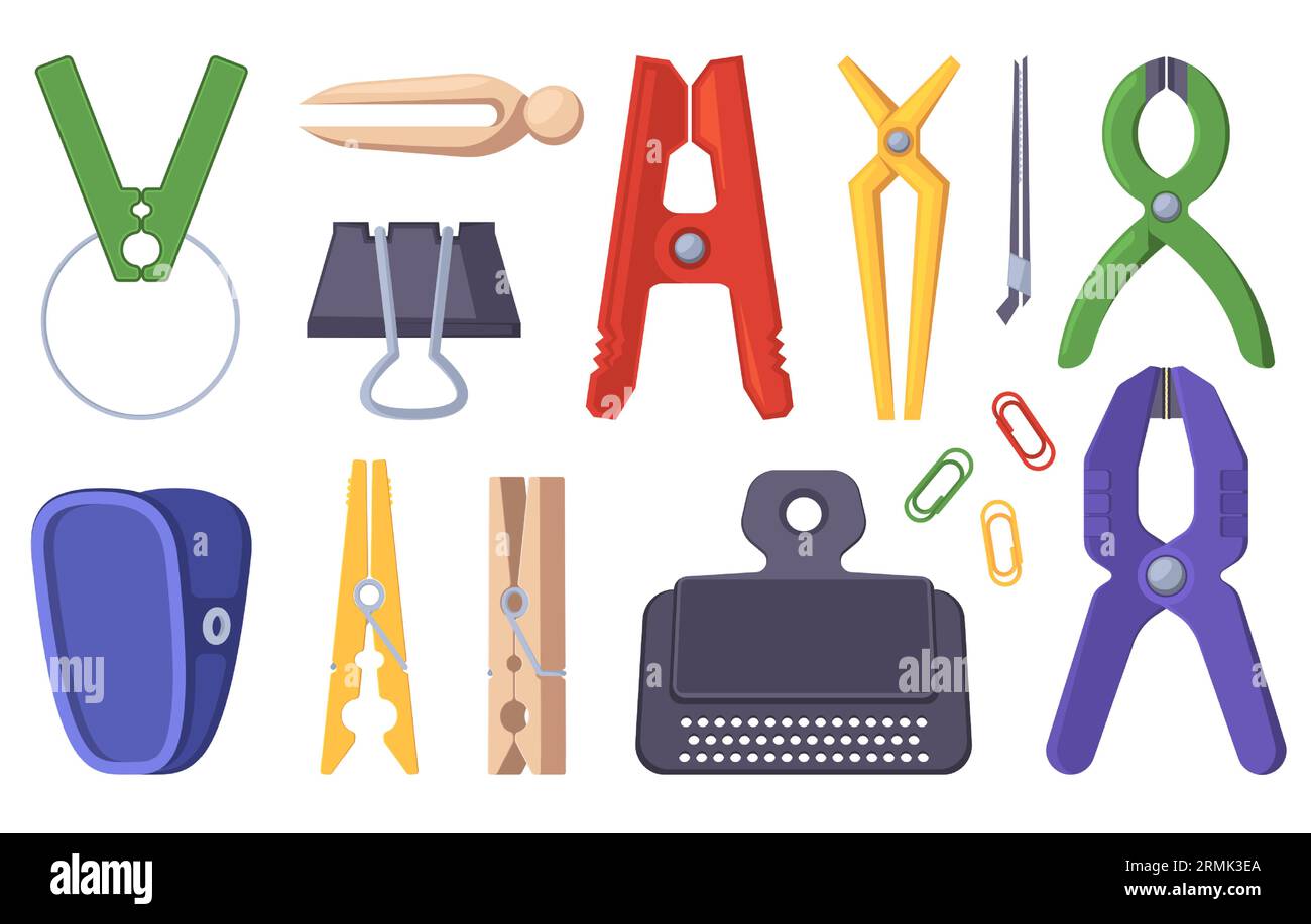 Clip holding tool. Clothespin, office clamp wooden frip and metal