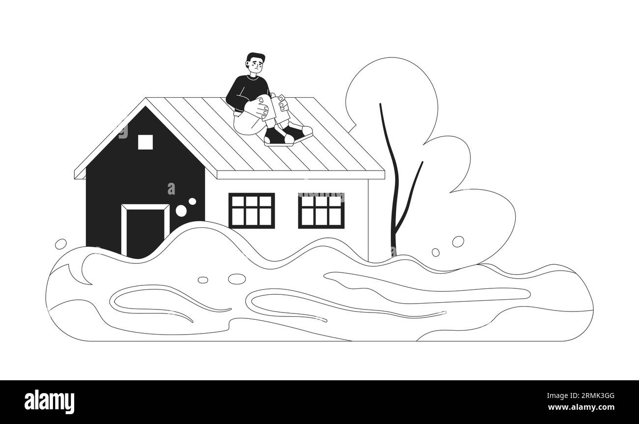Scared man on house roof monochrome concept vector spot illustration Stock Vector