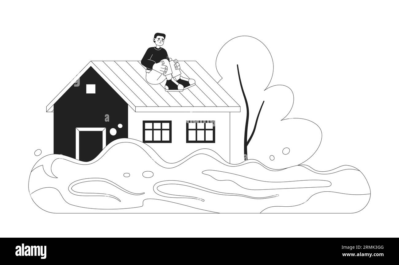 Man sitting on roof flood Black and White Stock Photos & Images - Alamy