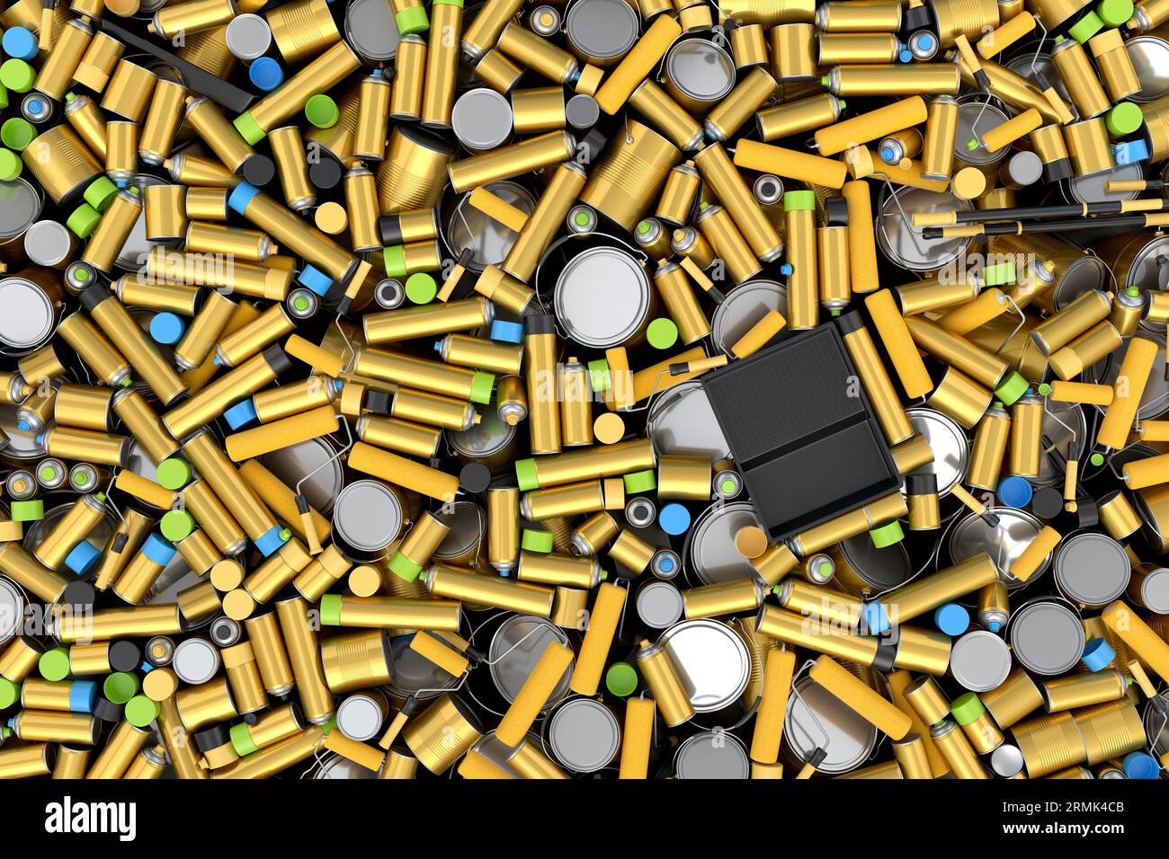 Pile of spray paint cans on gold background. 3d render spray paint
