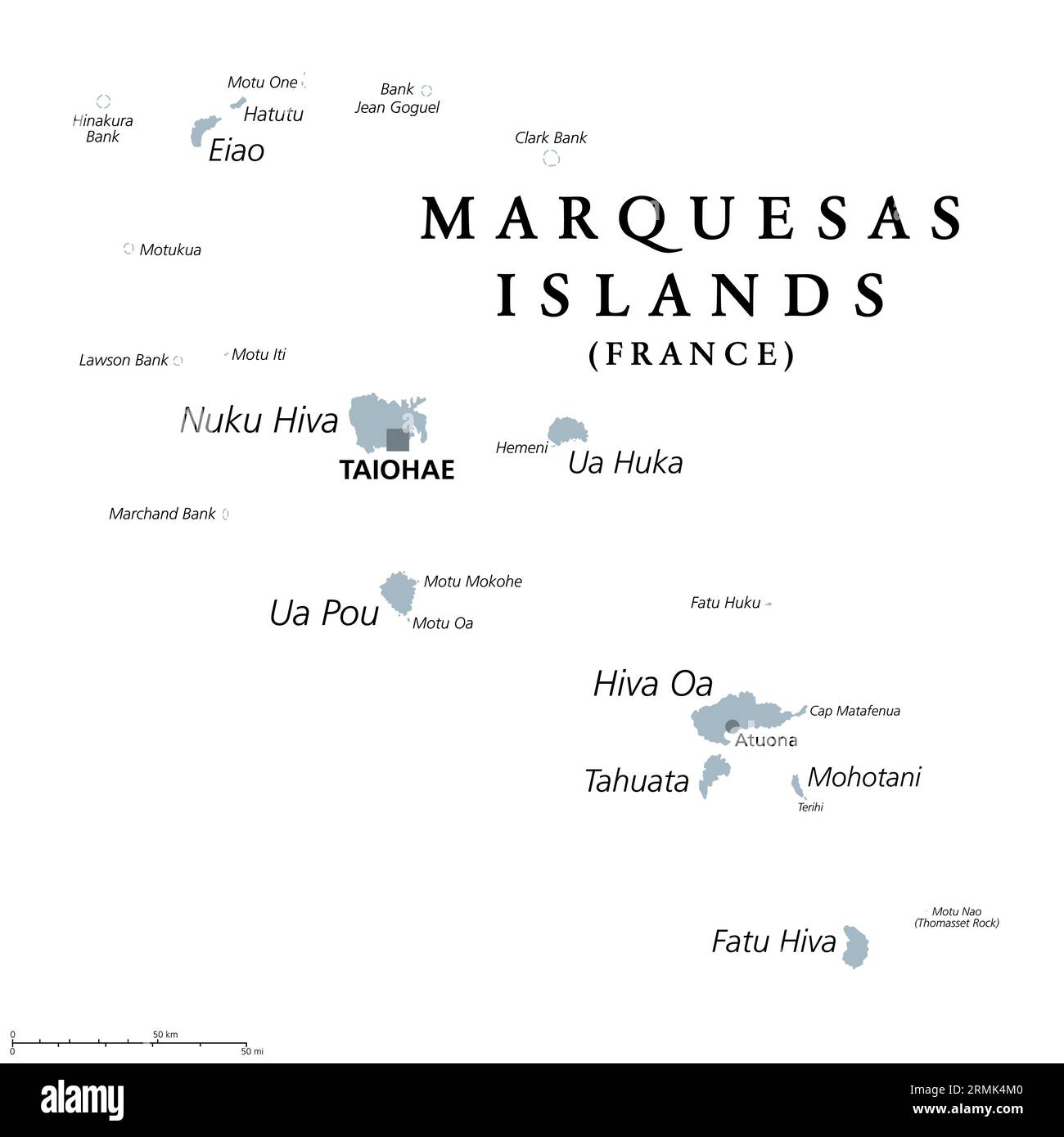 Marquesas Islands gray political map. Group of volcanic islands in