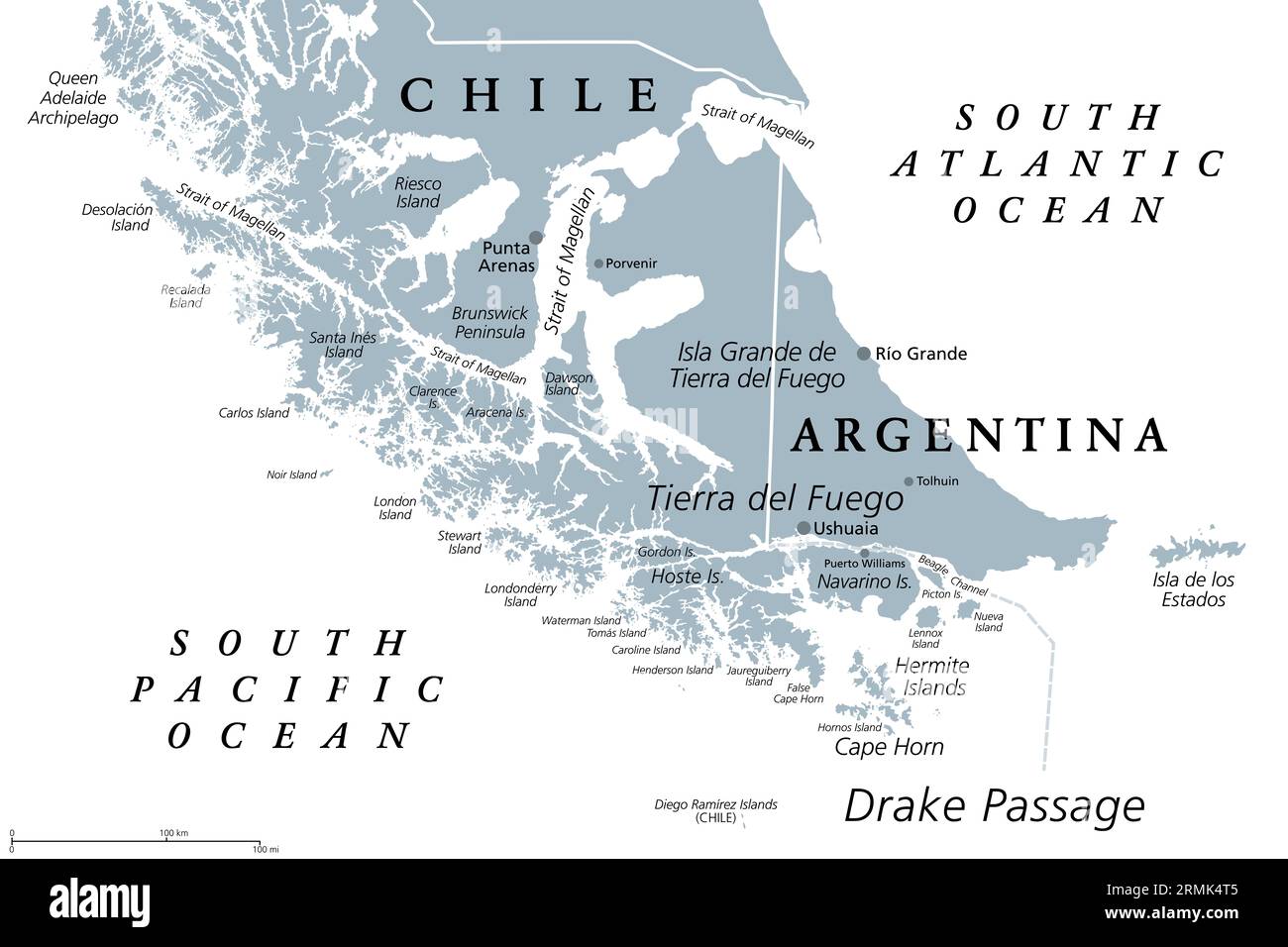 Tierra Del Fuego Gray Political Map Archipelago And Southernmost Tip Tierra Del Fuego Gray Political Map Archipelago And Southernmost Tip Of South America Across The Strait Of Magellan Between Chile And Argentina 2RMK4T5