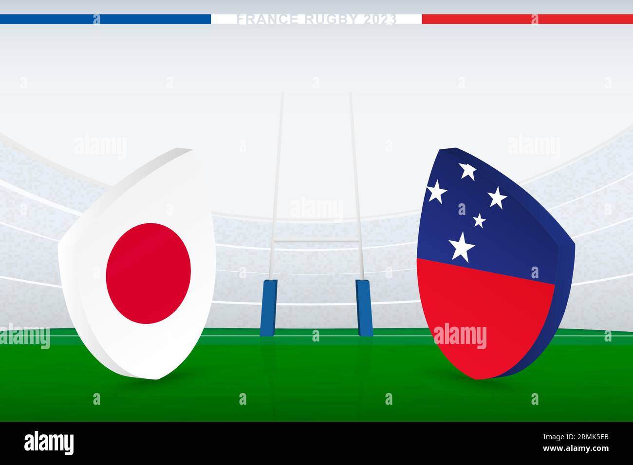 Match between Japan and Samoa, illustration of rugby flag icon on rugby stadium. Vector illustration. Stock Vector