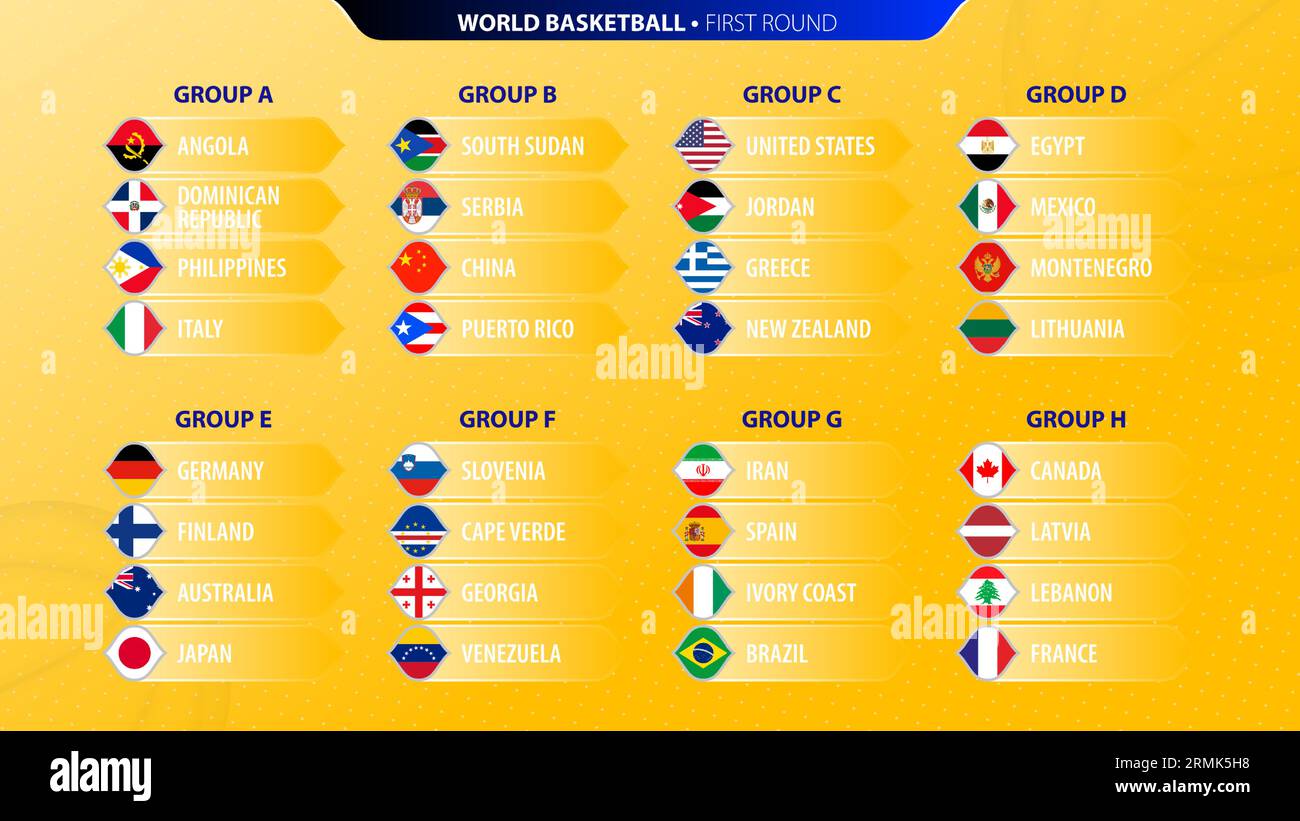 2023 Basketball tournament icons with flags sorted by group. Vector flag collection. Stock Vector