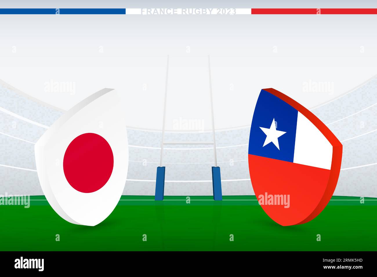 Match between Japan and Chile, illustration of rugby flag icon on rugby stadium. Vector illustration. Stock Vector