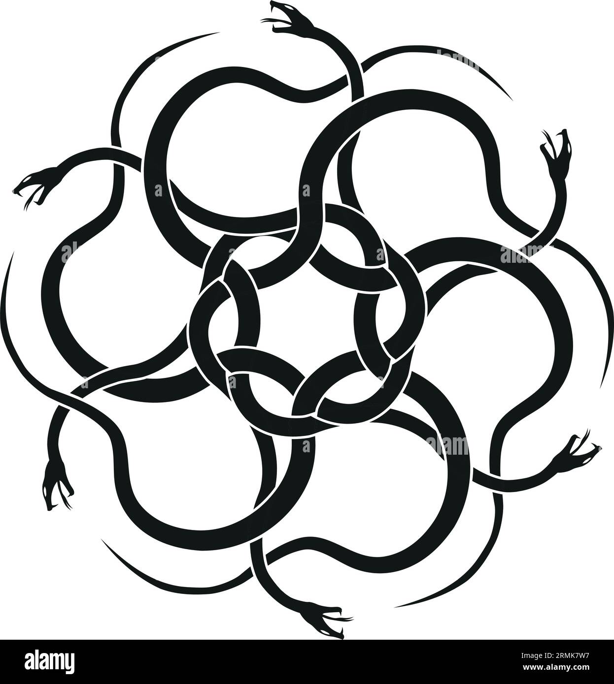 six serpents converge in a hexagonal pattern, a symbol of transformative balance Stock Vector