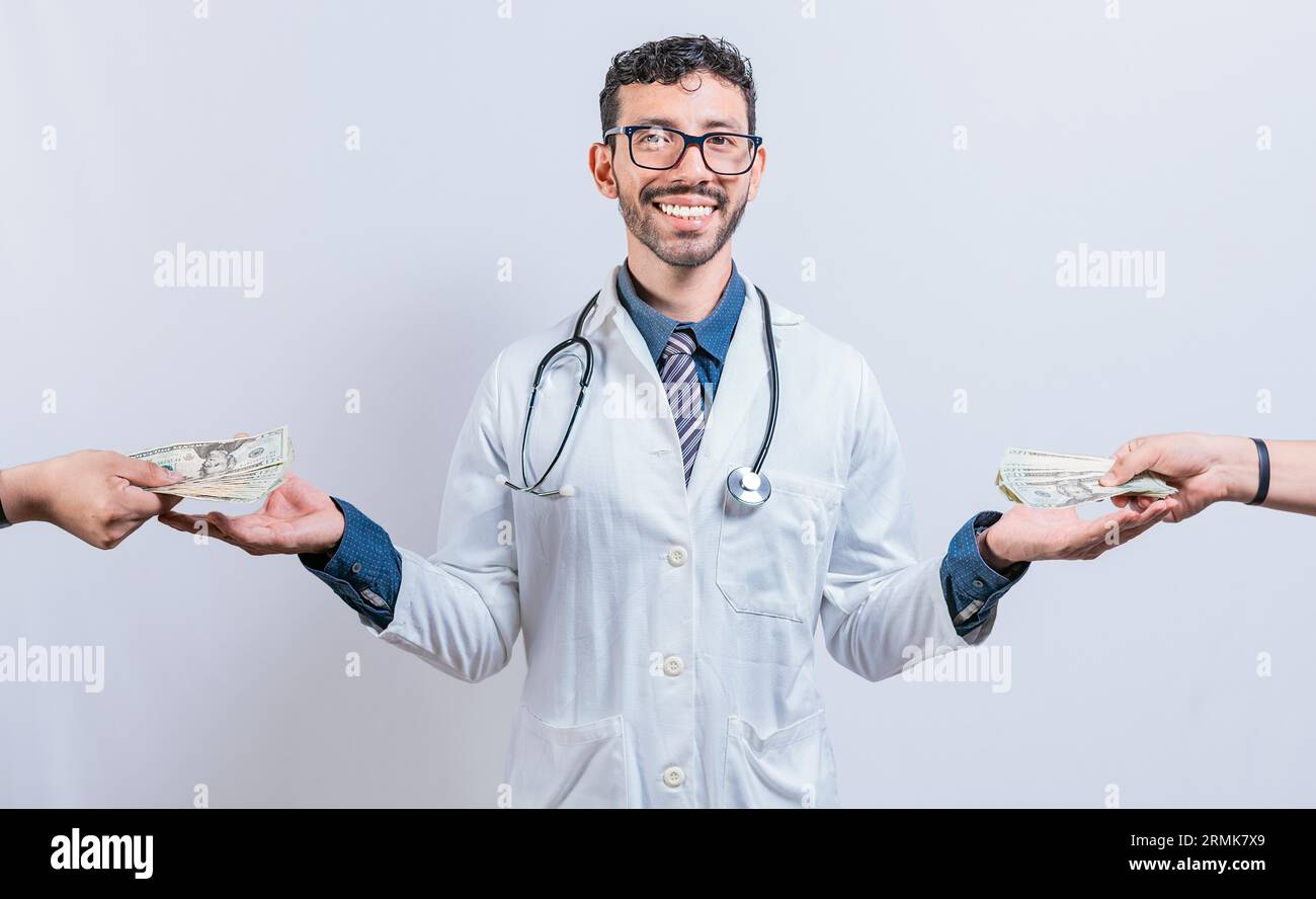 Corrupt doctor receiving bribe money isolated. Smiling corrupt doctor receiving bribe. Happy corrupt doctor receiving bribe money isolated Stock Photo