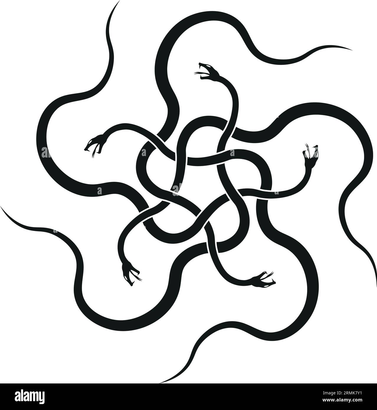 five serpents intertwine, forming an enigmatic pentagram of spiritual insight. Stock Vector