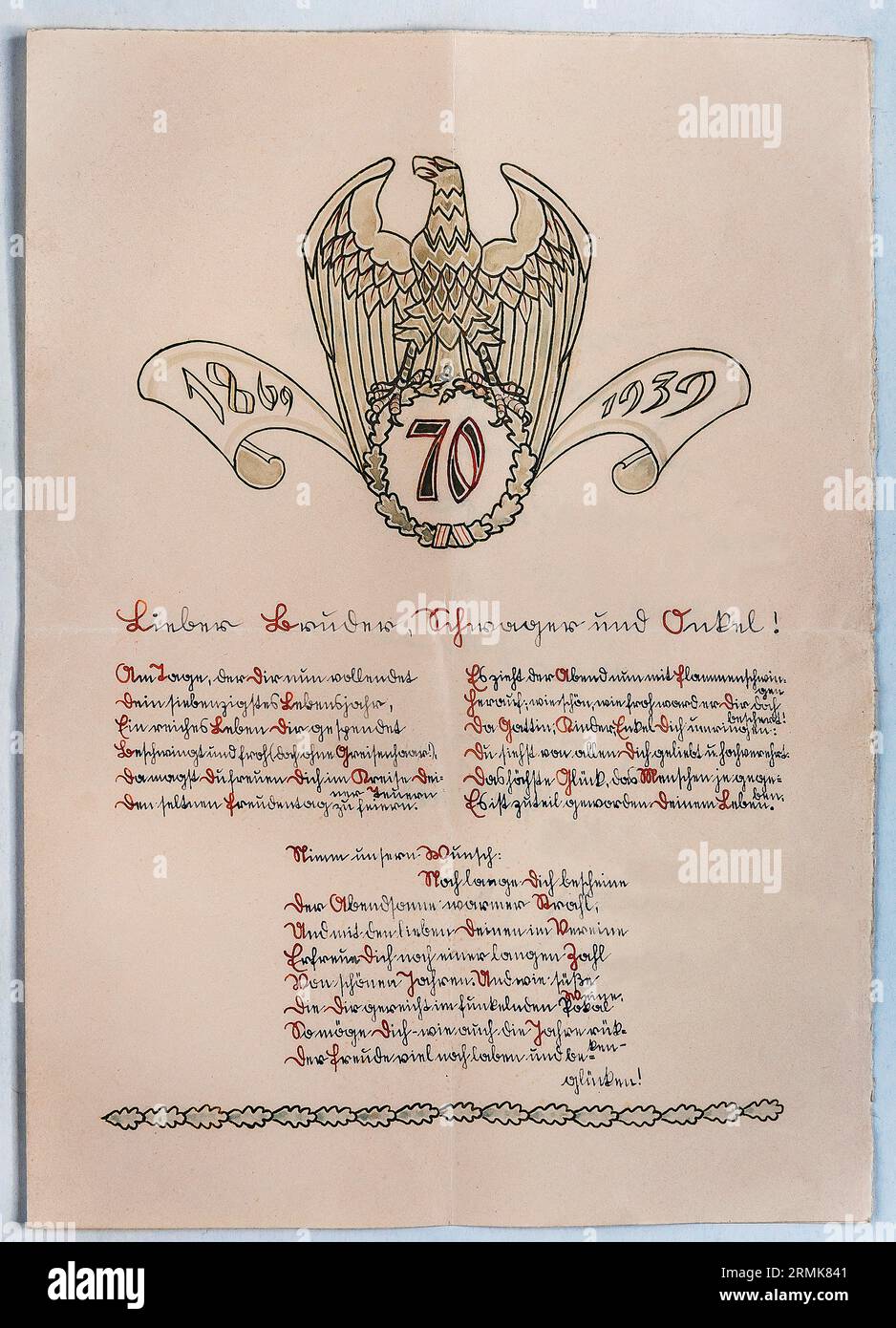 Bief with drawing from 1939 in Suetterlin script, congratulations on 70th birthday, Germany Stock Photo