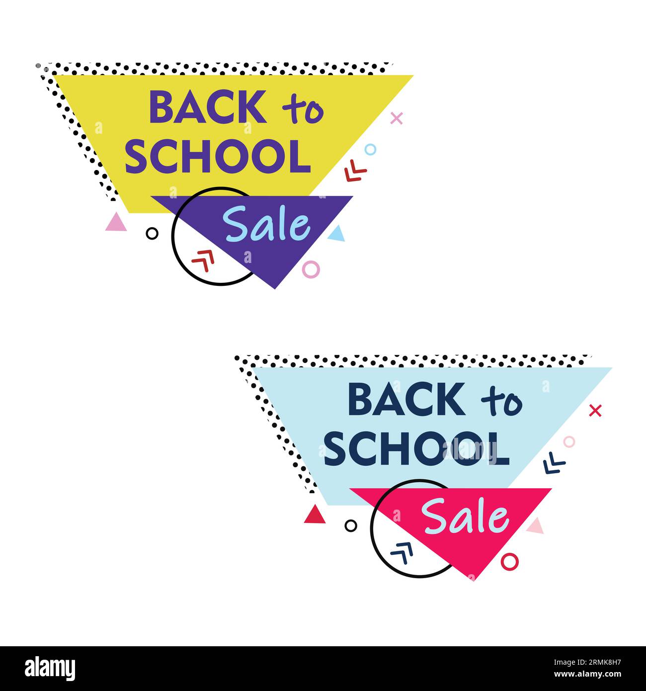 Back to school sale stickers in Memphis style with yellow, purple, blue, pink, red and black colors Stock Vector