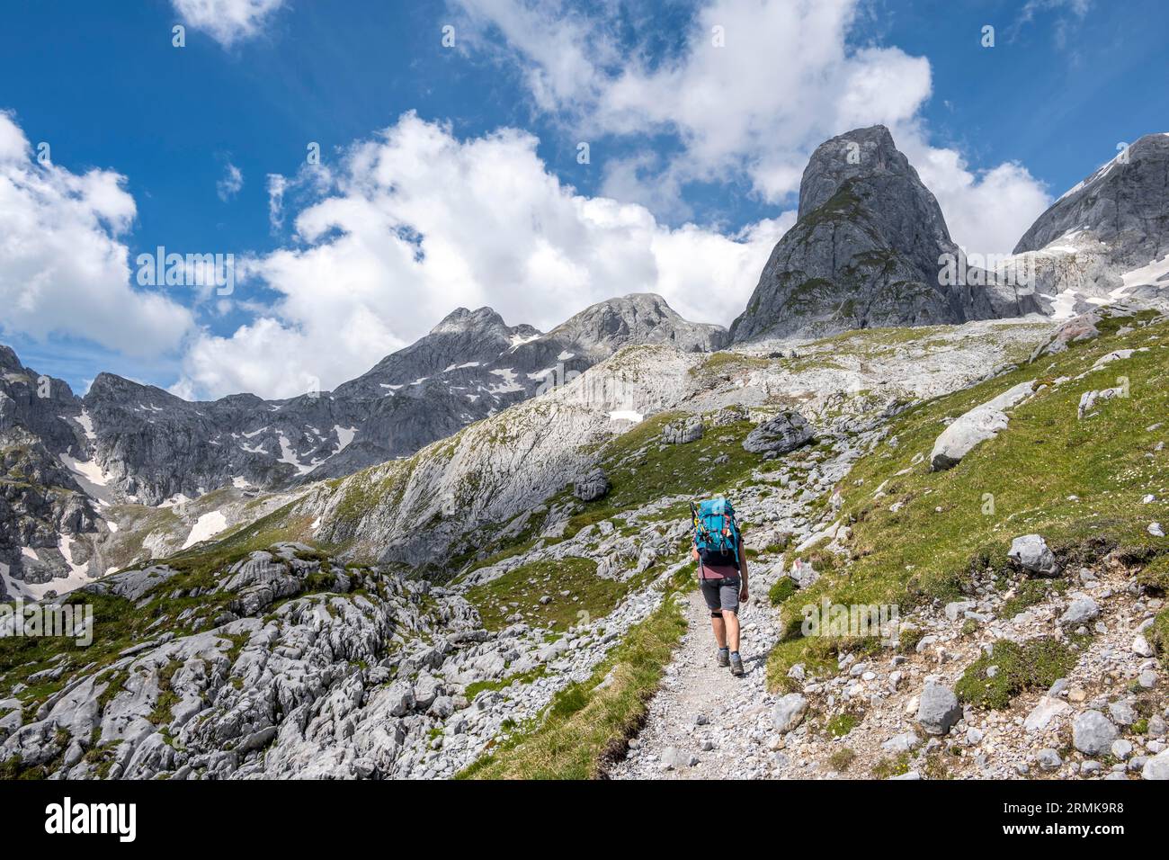 Hiker on hiking trail to the Hochkoenig, Salzburger Land, Austria Stock Photo