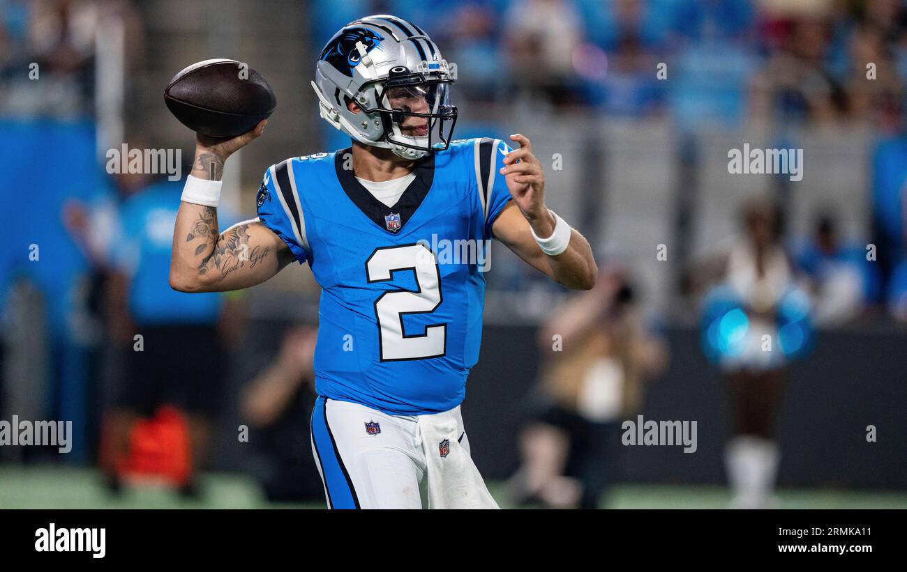 Carolina Panthers quarterback Matt Corral (2) looks over the defense during  an NFL preseason football game against the New York Jets, Saturday, Aug.  12, 2023, in Charlotte, N.C. (AP Photo/Brian Westerholt Stock