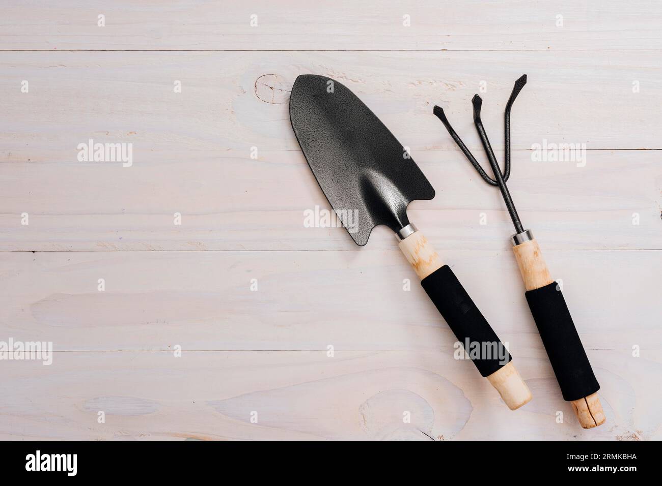 Flat lay gardening tools with copy space Stock Photo