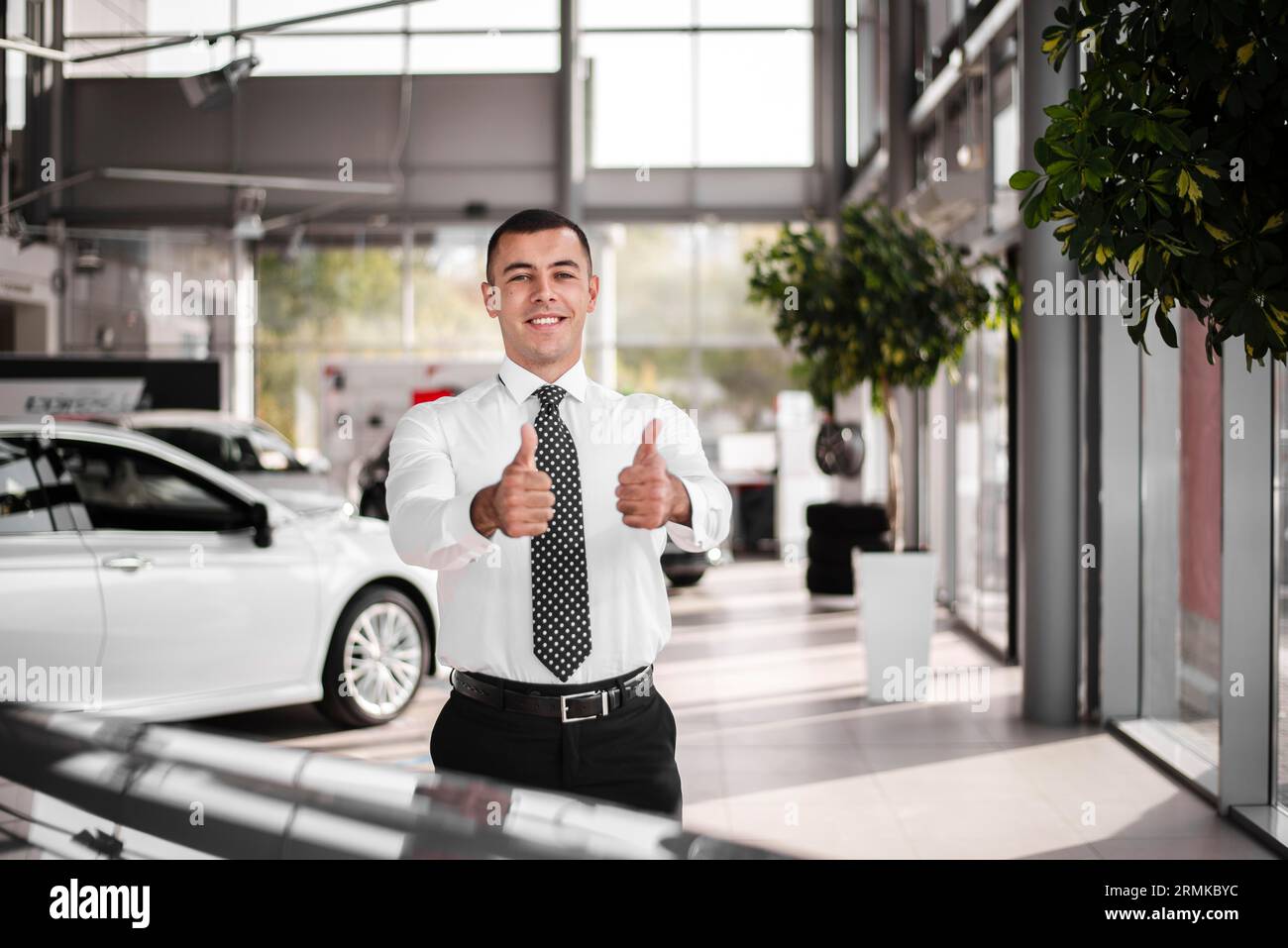 Front view male car dealer showing ok sign Stock Photo Alamy