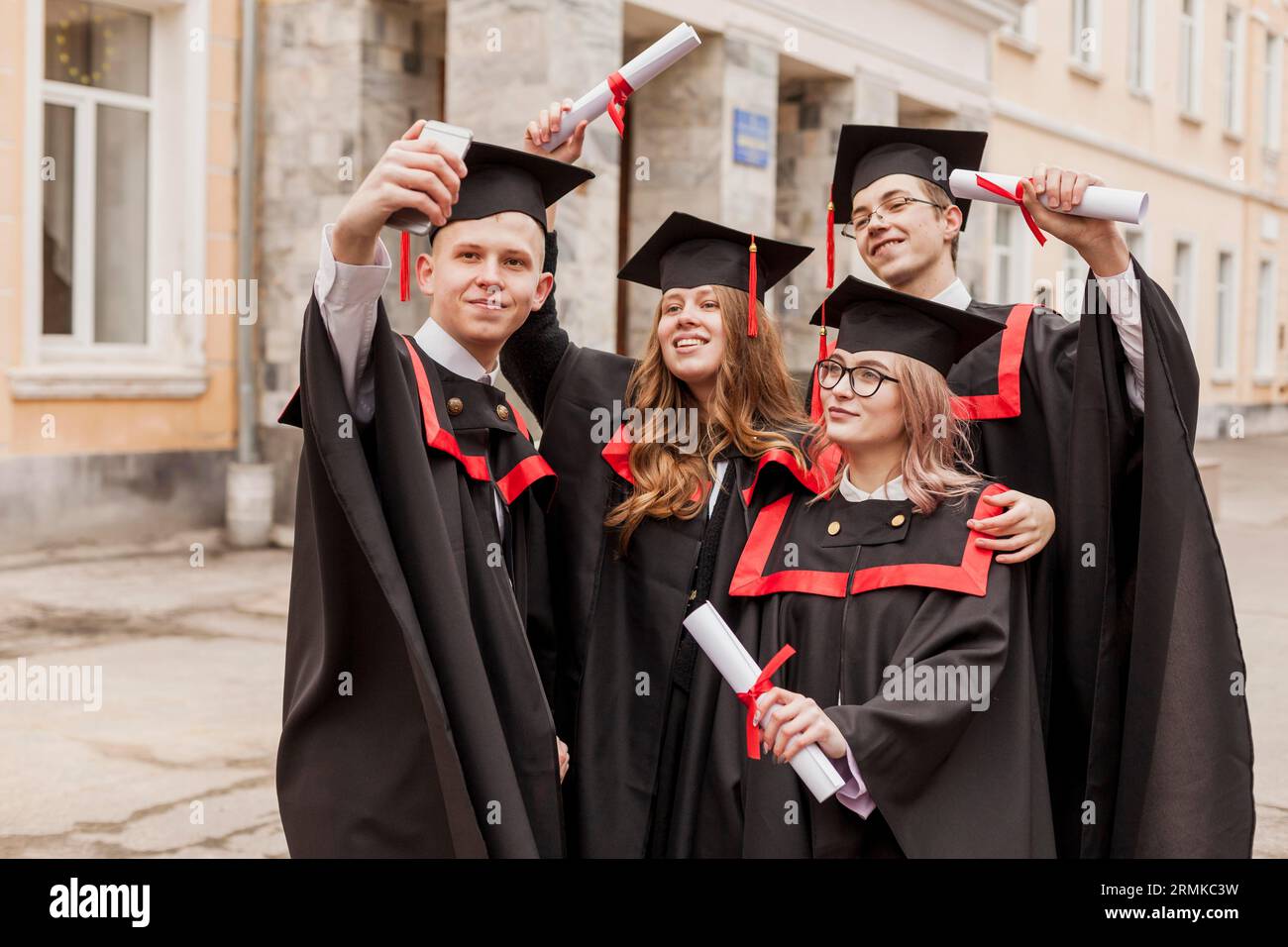 High angle students taking selfie Stock Photo