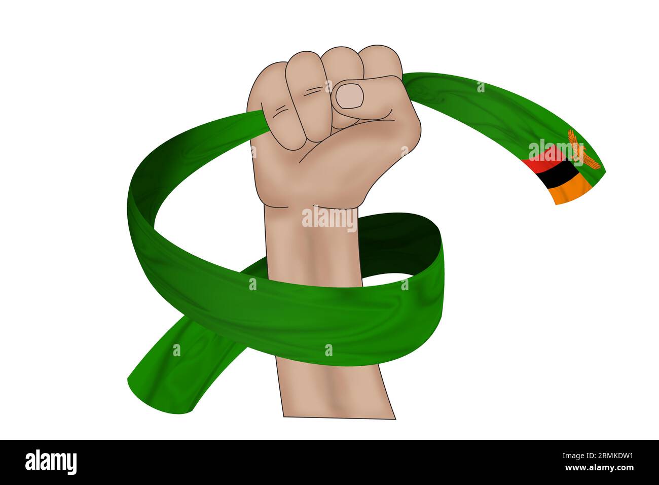 3D illustration. Hand holding flag of Zambia on a fabric ribbon background. Stock Photo