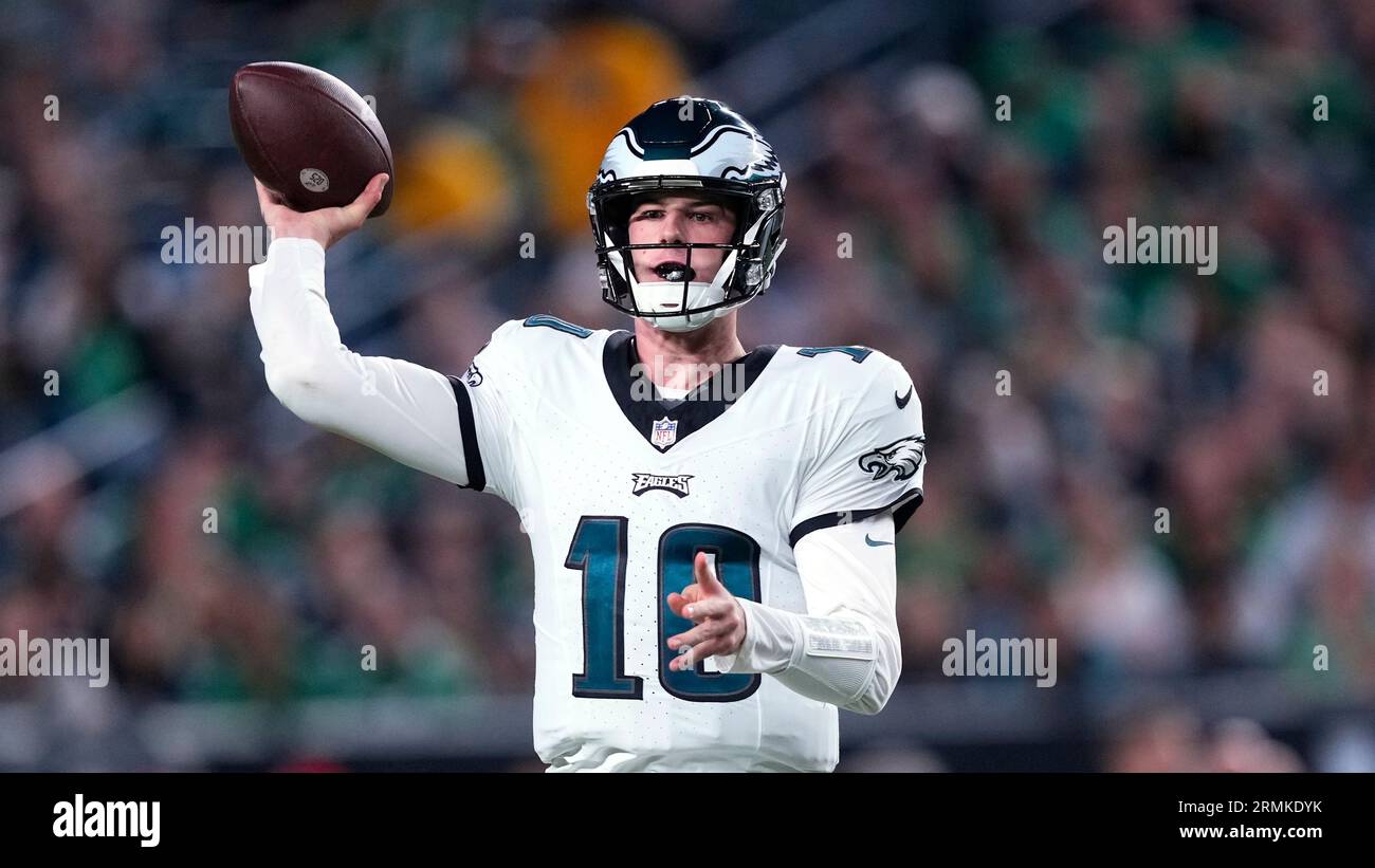 Philadelphia Eagles quarterback Tanner McKee in action during an NFL